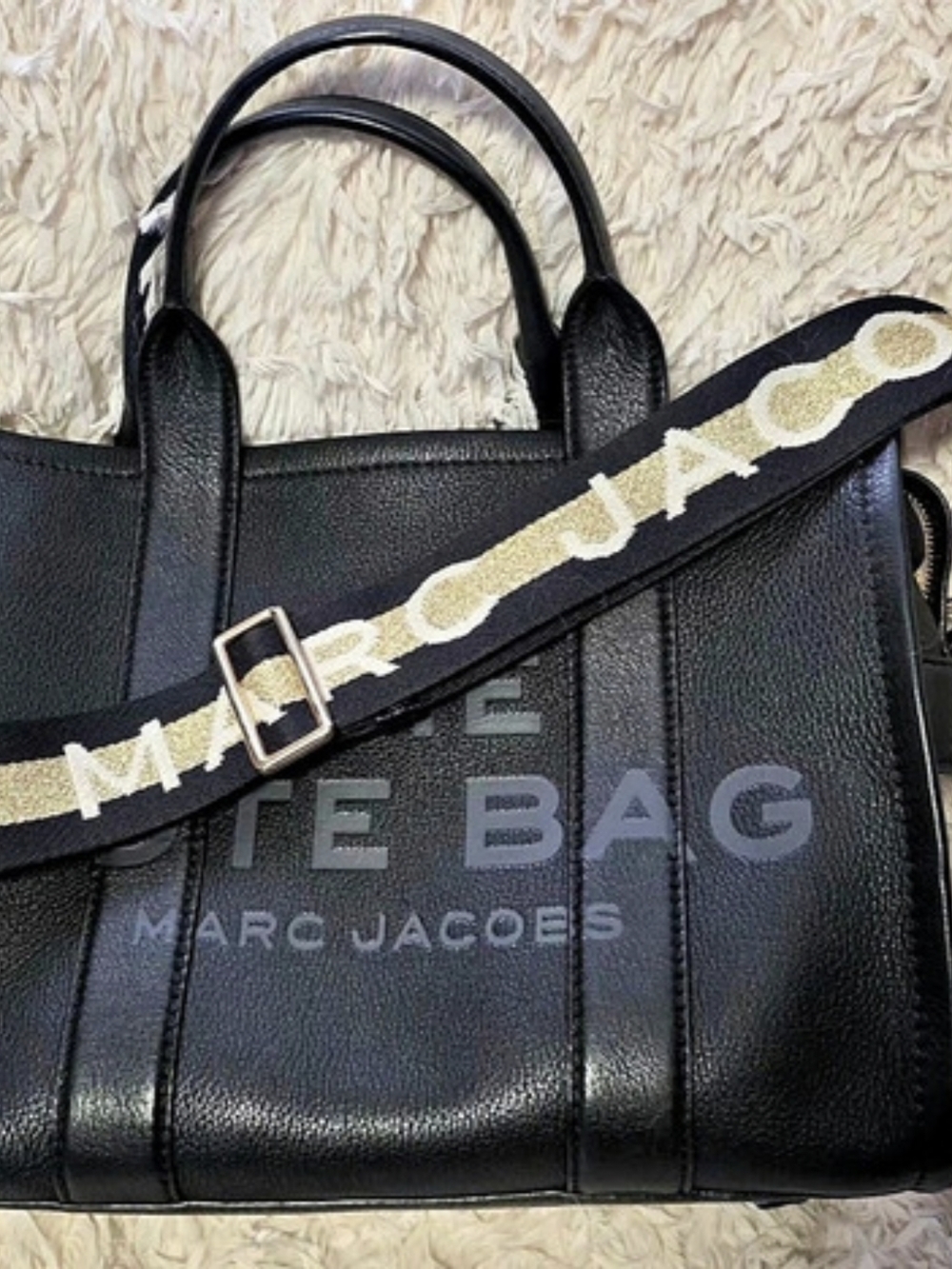 Marc Jacobs The Leather Medium Tote Bag with Webbing Strap Black & Gold